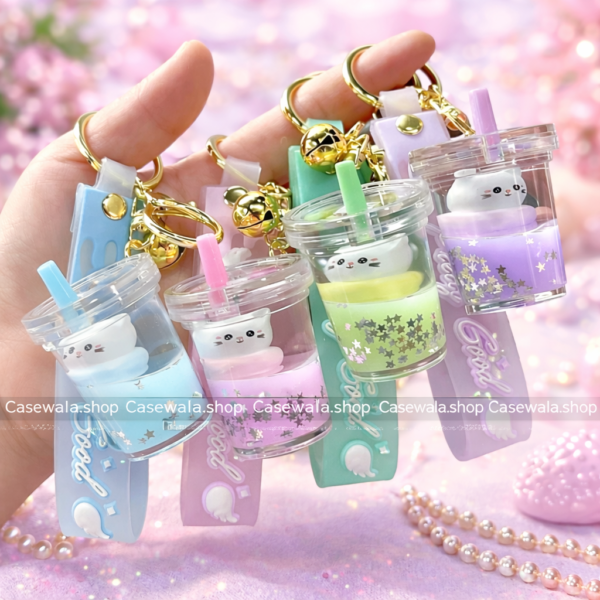 hello kitty glass key chain Cute Cat Milkshake Keychain with Strap